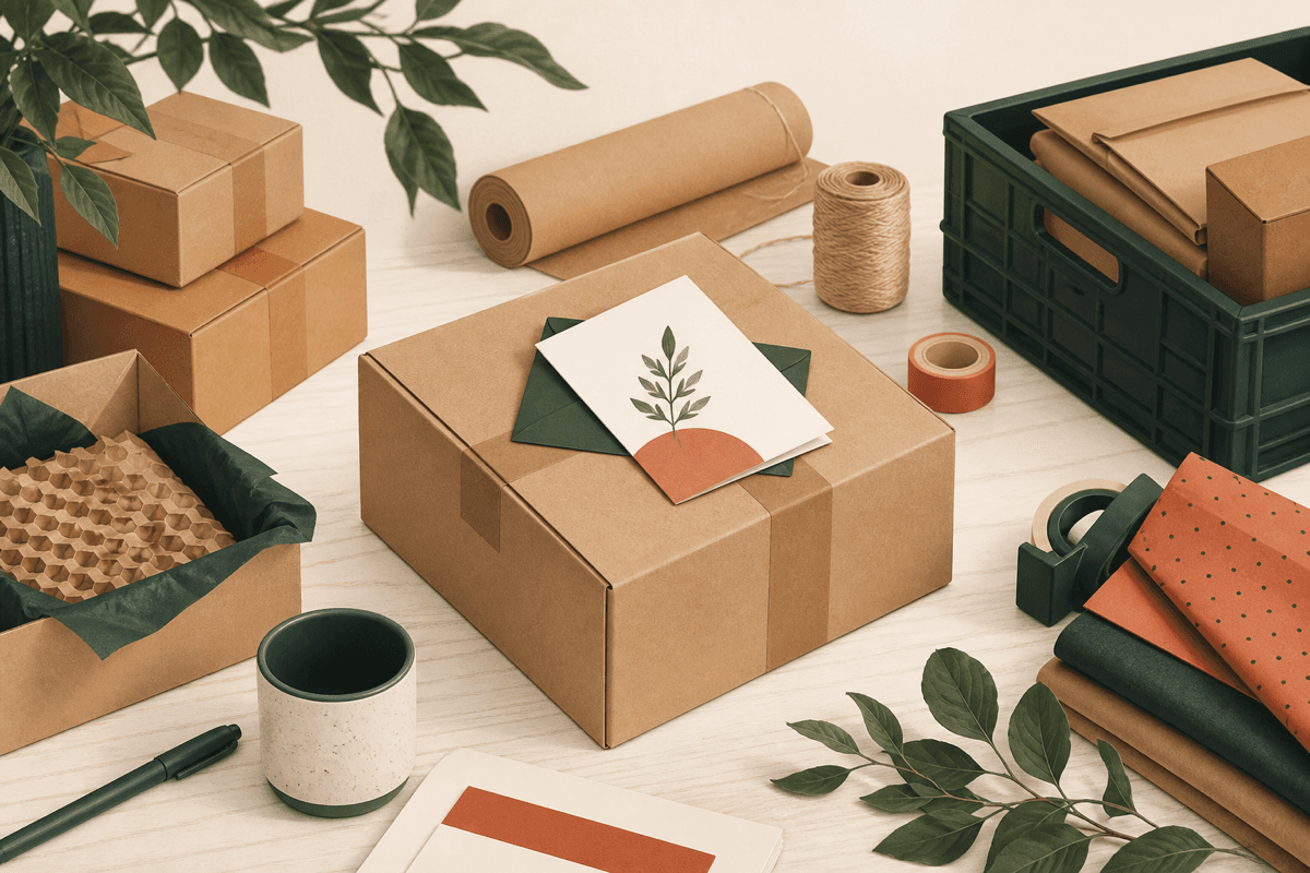 Packed shipping table with a thank-you card
