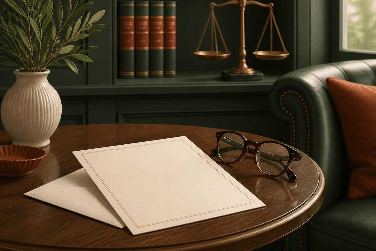 Law office side table with a short printed note