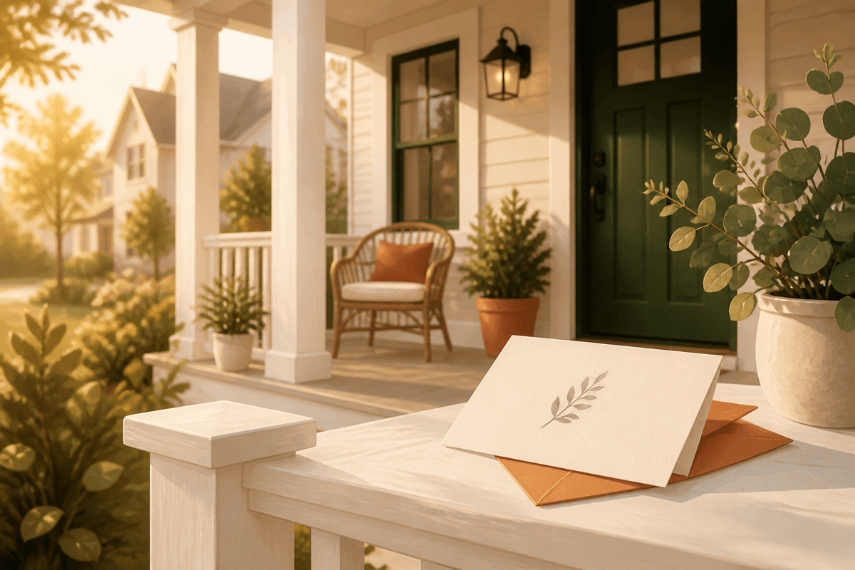 Front porch and a handwritten follow-up card
