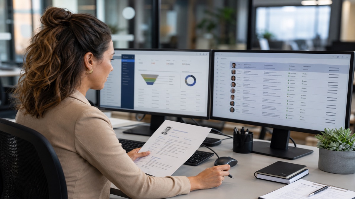 Recruiter reviewing a candidate database on dual monitors